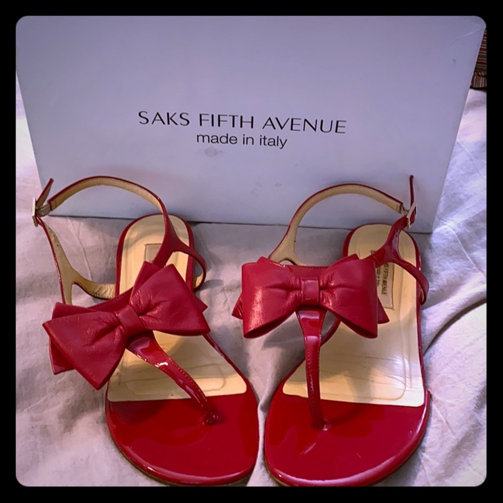 Saks Fifth Avenue Red Patent Bow Sandals 8.5